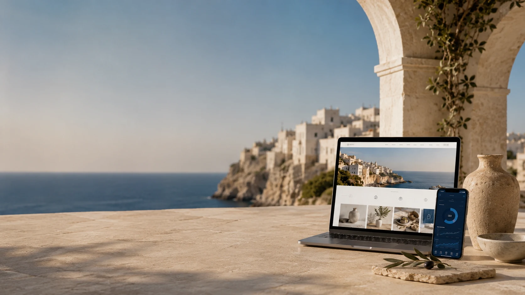 Dispositivi digitali su terrazza mediterranea